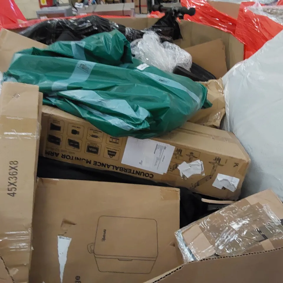 PALLET TO CONTAIN ASSORTED HOUSEHOLD ITEMS AND CONSUMER PRODUCTS. INCLUDING COUNTERBALANCE MONITOR ARM, SKATEBOARD, BIKE, MINI FRIDGE ETC 