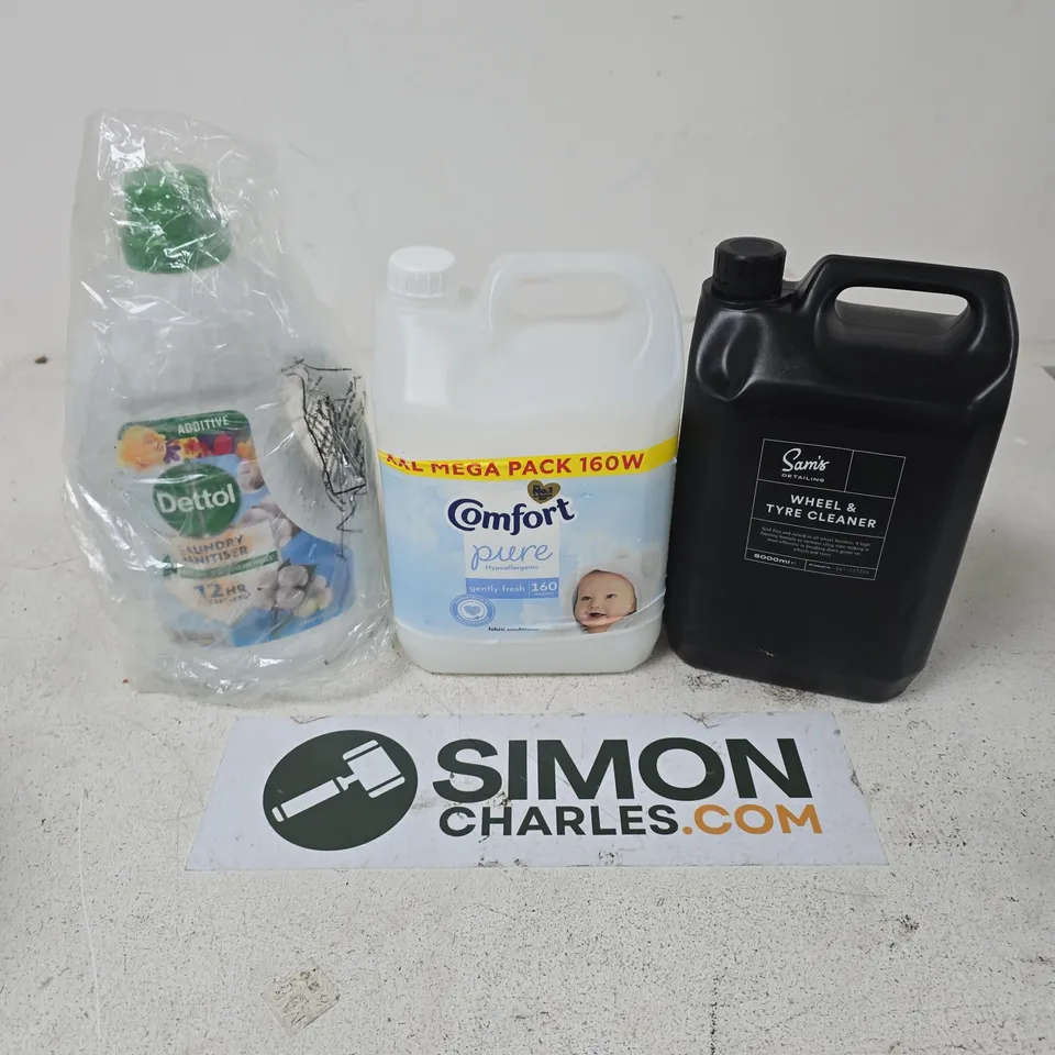 APPROXIMATELY 3 ASSORTED LARGE LIQUIDS TO INCLUDE SAM'S DETAILING WHEEL & TYRE CLEANER, COMFORT PURE, DETTOL LAUNDRY SANITISER - COLLECTION ONLY