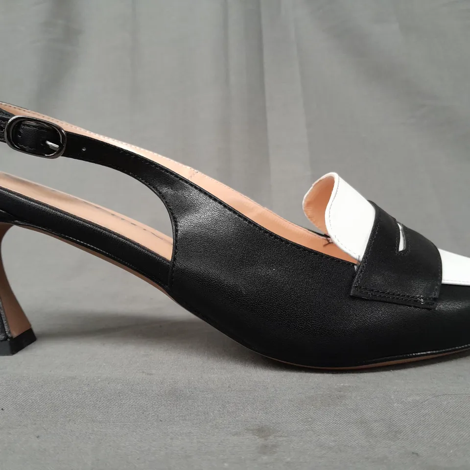 BOXED PAIR OF CASTAMERE POINTED TOE SLINGBACK HEELS IN BLACK/WHITE EU SIZE 40.5