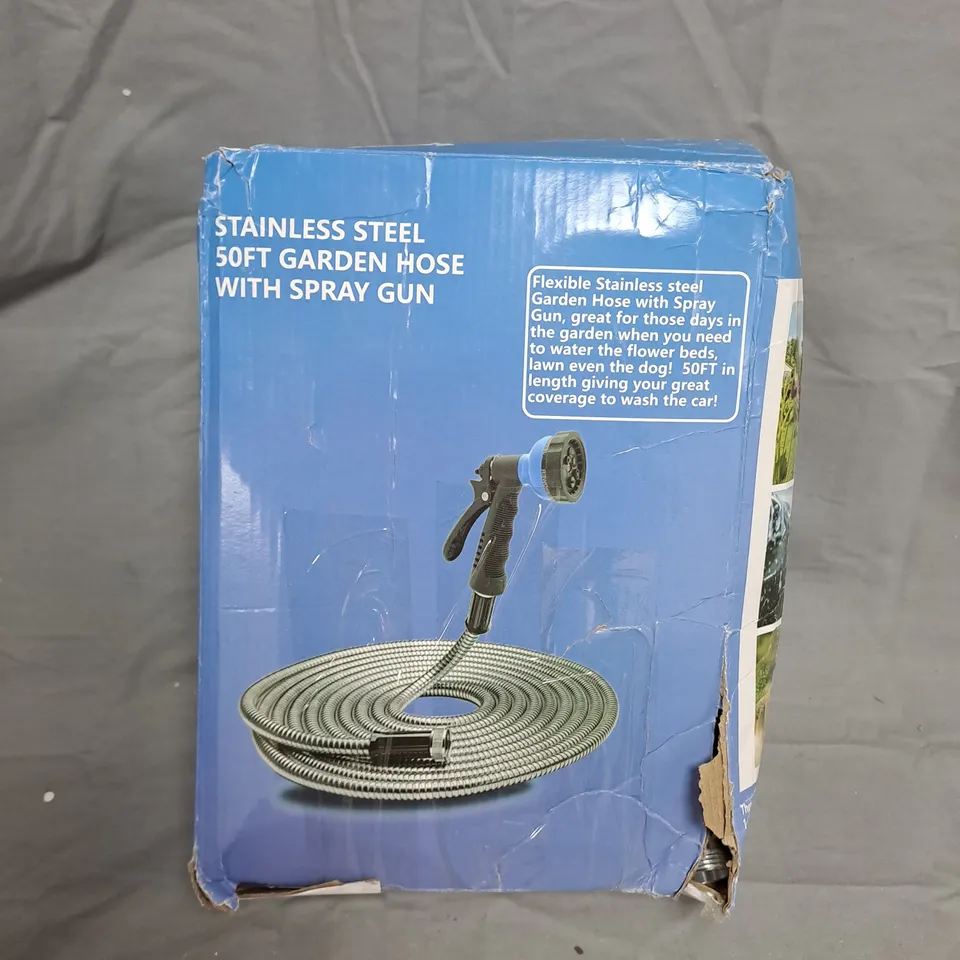 STAINLESS STEEL 50FT GARDEN HOSE WITH SPRAY GUN