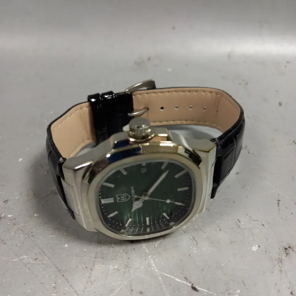 MENS FRANK SCHMIDT WATCH – TEXTURED DIAL WITH DATE – LEATHER STRAP- MODEL: FSL AMBASSADOR – 3ATM WATER RESISTANT