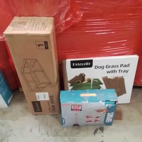 PALLET OF ASSORTED HOUSEHOLD GOODS AND PRODUCTS TO INCLUDE;DOG GRASS PAD WITH TRAY,BASKET BALL HOOP,PLAYMAT
