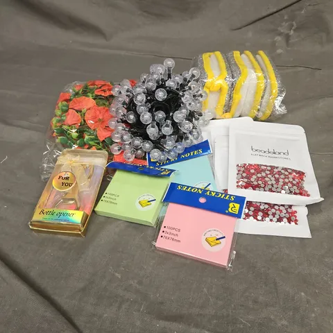 APPROXIMATELY 15 ASSORTED HOUSEHOLD ITEMS TO INCLUDE - RHINESTONES, STICKY NOTES, SCOURERS, ETC 