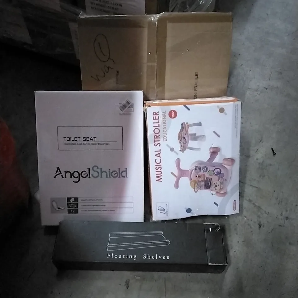 PALLET OF HOUSEHOLD ITEMS TO INCLUDE TOILET SEAT, MUSICAL STROLLER, FLOATING SHELF,  43 GALLON COMPOST TUMBLER AND OTHER ASSORTED ITEMS...
