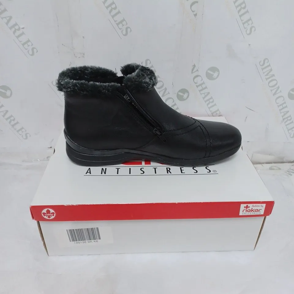 BOXED RIEKER ANTISTRESS LADIES BLACK FLEECE LINED BOOTS ZIP FASTENING. SIZE EU 39