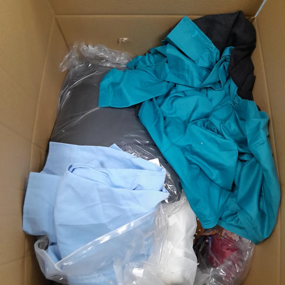 LARGE BOX OF ASSORTED CLOTHING ITEMS IN VARIOUS COLOURS AND SIZES INCLUDING TROUSERS , TOPS AND JUMPERS 