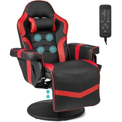 BOXED ELECTRIC MASSAGE GAMING CHAIR WITH CUP HOLDER AND SIDE POUCH - RED