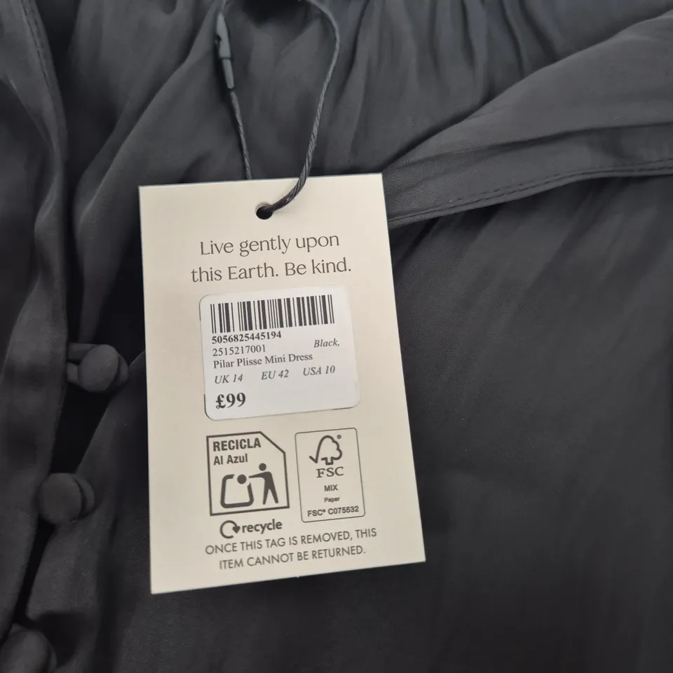 NOBODY'S CHILD PILAR PLISSE MINI DRESS – BLACK, UK 14 (EU 42, USA 10)