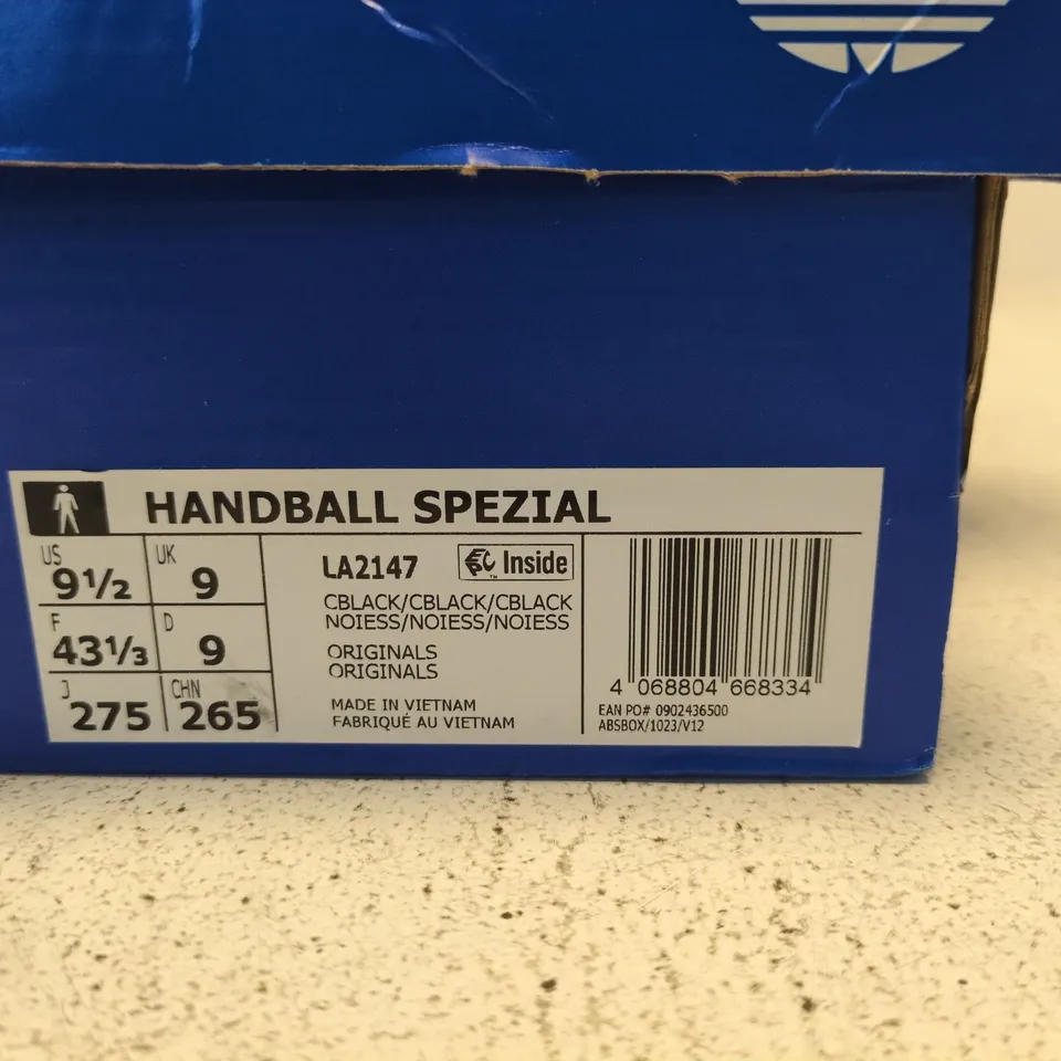 BOXED PAIR OF ADIDAS HANDBALL SPEZIAL SNEAKERS – BLACK SUEDE, UK 9