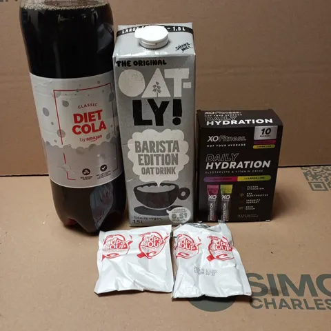 TOTE OF APPROXIMATELY 10 ASSORTED FOOD/DRINK ITEMS TO INCLUDE DIET COLA, OATLY, DAILY HYDRATION SACHETS, CUP A SOUP ETC