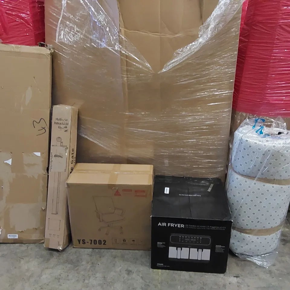PALLET OF ASSORTED ITEMS INCLUDING: AIR FRYER, OFFICE CHAIR, RETRACTABLE GATE, LOG RACK, BLANKET 