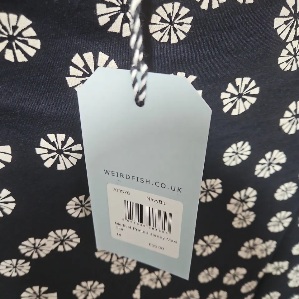 WEIRD FISH NAVY BLUE PRINTED JERSEY MAXI SHIRT, UK 14