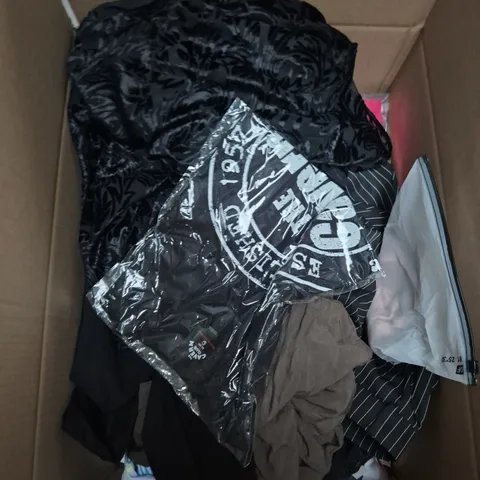 LARGE BOX OF APPROXIMATELY 25 ASSORTED CLOTHING ITEMS IN VARIOUS COLOURS, STYLES AND SIZES - COLLECTION ONLY