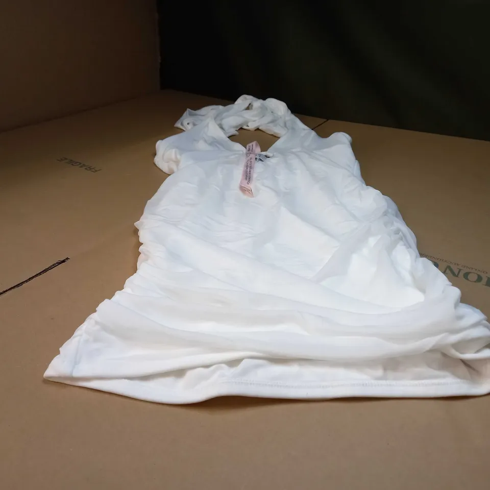 OH POLLY WHITE HALTER NECK RUCHED MINI DRESS - SIZE 14