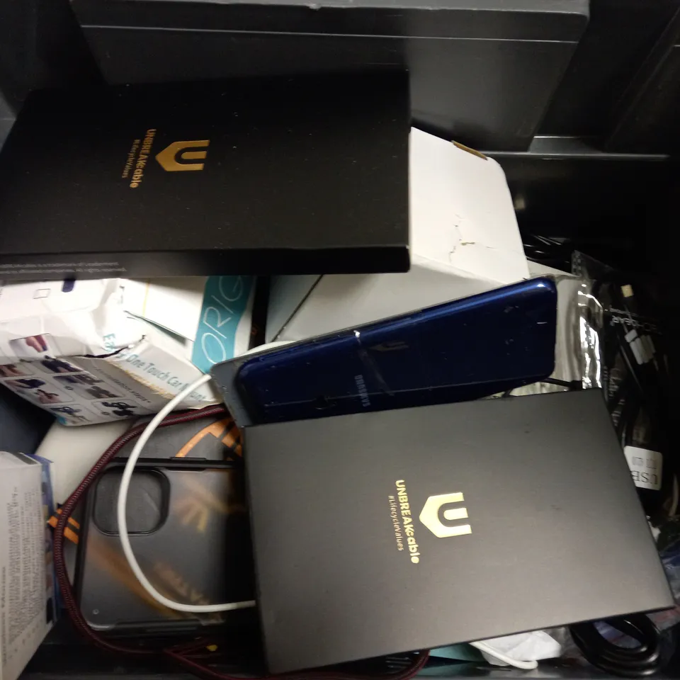 BOX OF APPROX 10 ITEMS INCLUDING ONE FOR ALL UNIVERSAL REMOTE, ASSORTED PHONE CASES AND TABLET CASE