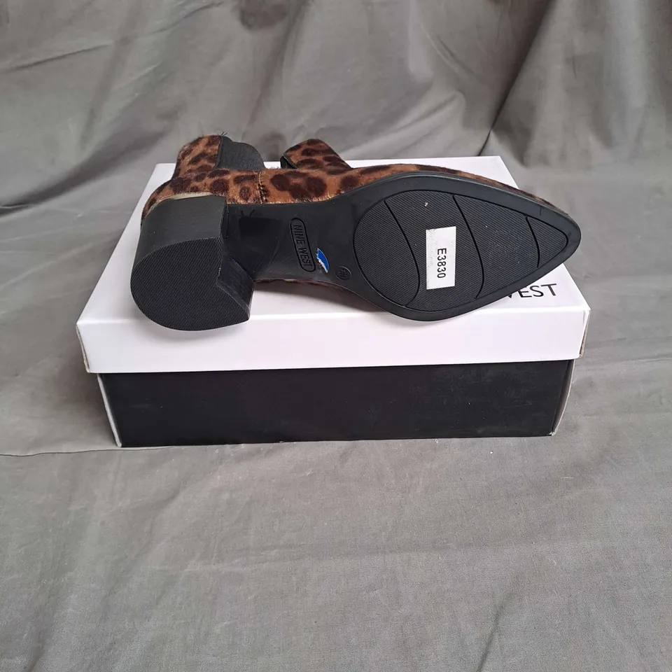 BOXED PAIR OF NINE WEST SYNTHETIC ANKLE BOOTS IN LEOPARD SIZE EU 35
