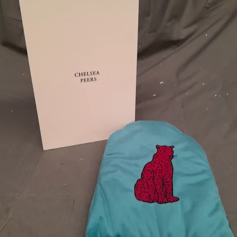 CHELSEA PEERS HOT WATER BOTTLE BLUE WITH PINK LEOPARD DESIGN