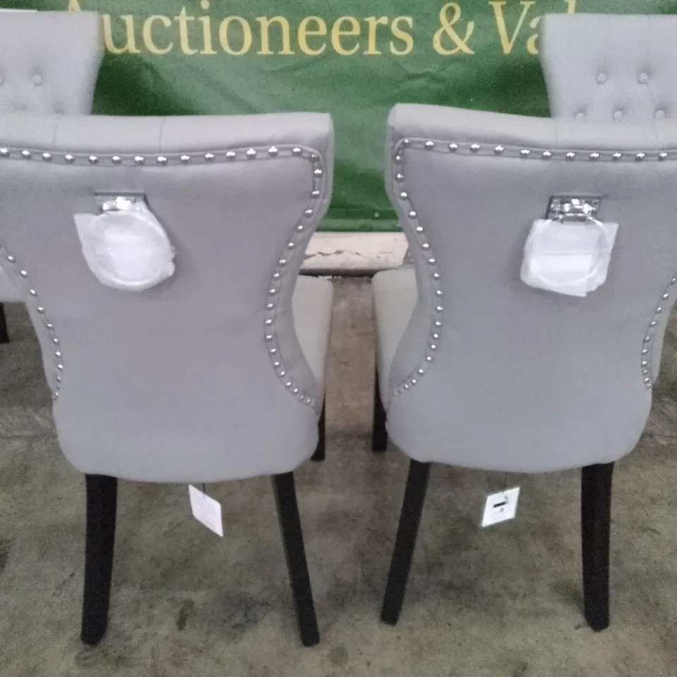 SET OF 4 NEW BEWLEY LIGHT GREY LEATHER BUTTON BACK DINING CHAIRS (BLACK LEG)
