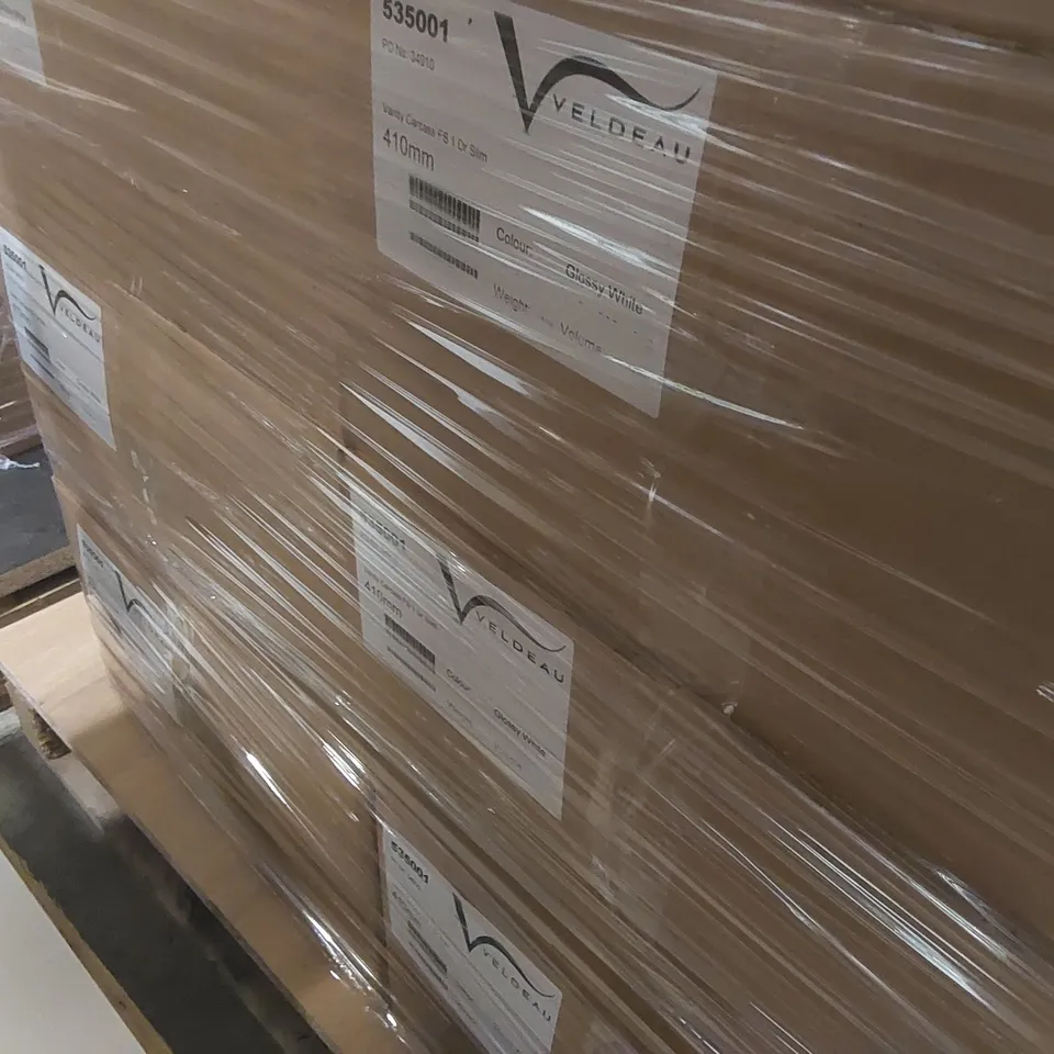 PALLET CONTAINING A LARGE QUANTITY OF ASSORTED BATHROOM FURNITURE PARTS INCLUDING: VELDEAU VANITY CARCASSES ECT