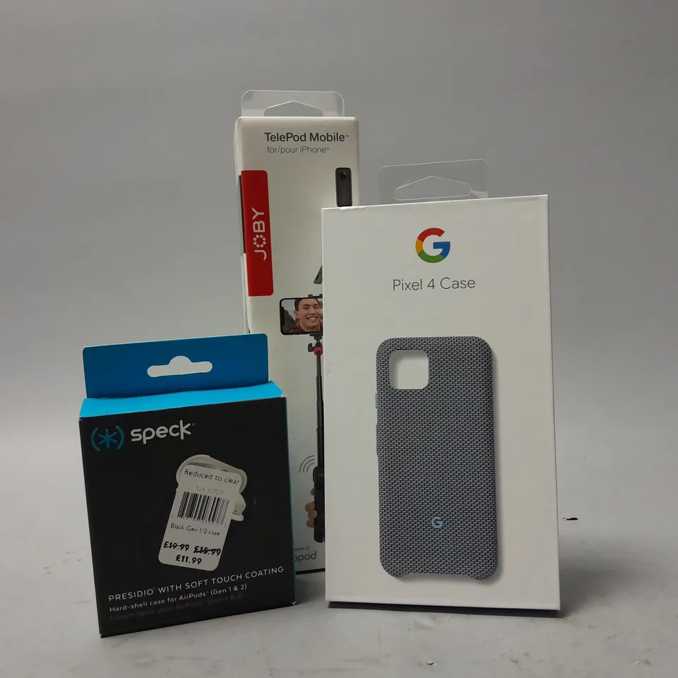 APPROXIMATELY 20 ASSORTED ELECTRICAL ITEMS TO INCLUDE PHONE CASES, AIRPODS CASE, JOBY TELEPOD MOBILE, ETC