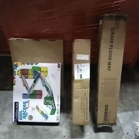 PALLET OF HOUSEHOLD ITEMS TO INCLUDE RAIL RACERS DELUXE, COMPUTER MOTHERBOARD BRACKET,CEILING LIGHT, CHAIR FLOOR MAT AND OTHER ASSORTED ITEMS....