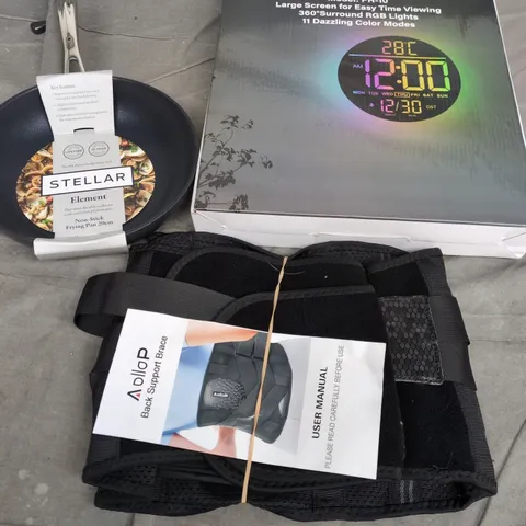 APPROXIMATELY 15 ASSORTED HOUSEHOLD PRODUCTS TO INCLUDE DIGITAL WALL CLOCK, STELLAR ELEMENT PAN, BACK SUPPORT BRACE, ETC - COLLECTION ONLY