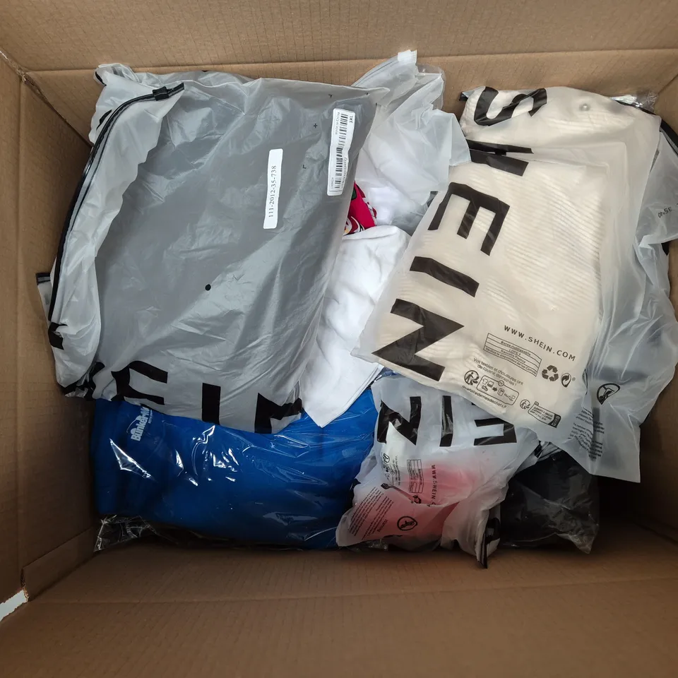 LARGE BOX OF ASSORTED CLOTHING ITEMS IN VARIOUS SIZES, STYLES AND COLOUR 