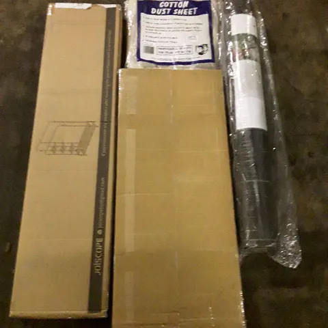 PALLET OF ASSORTED PRODUCTS INCLUDING CLOTHES RACK, WHEELCHAIR RAMP, COTTON DUST SHEET, WEED CONTROL TARPAULIN, PET BED