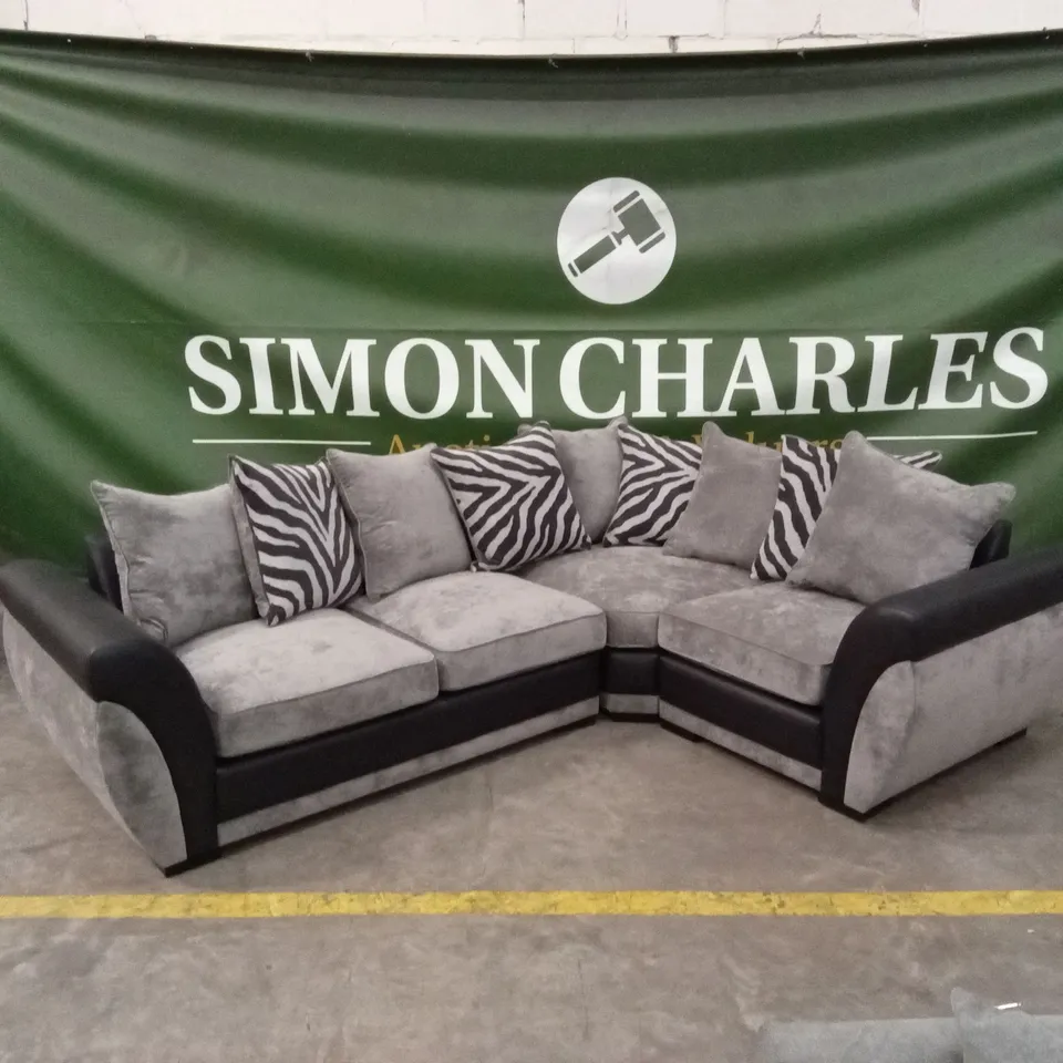 NOVA FABRIC/FAUX LEATHER RIGHT HAND DOUBLE ARM CORNER GROUP SOFA - GREY/BLACK RRP £1049