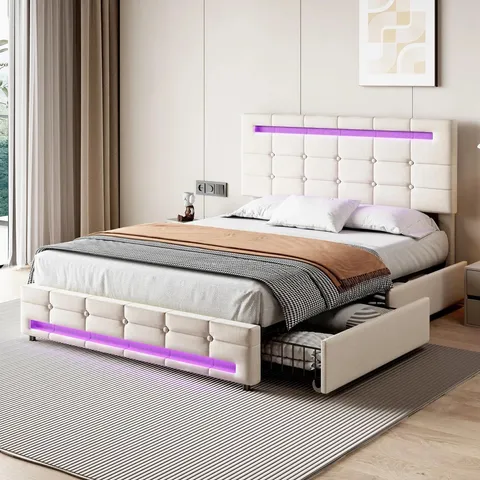 BOXED UPHOLSTERED BED WITH LED LIGHTS AND 4 DRAWERS - DOUBLE, BEIGE (2 BOXES)