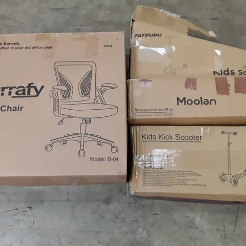 PALLET OF ASSORTED PRODUCTS INCLUDING OFFICE CHAIR, KIDS SCOOTER, MOOLAN STEAM MOP, TOMATO CAGES