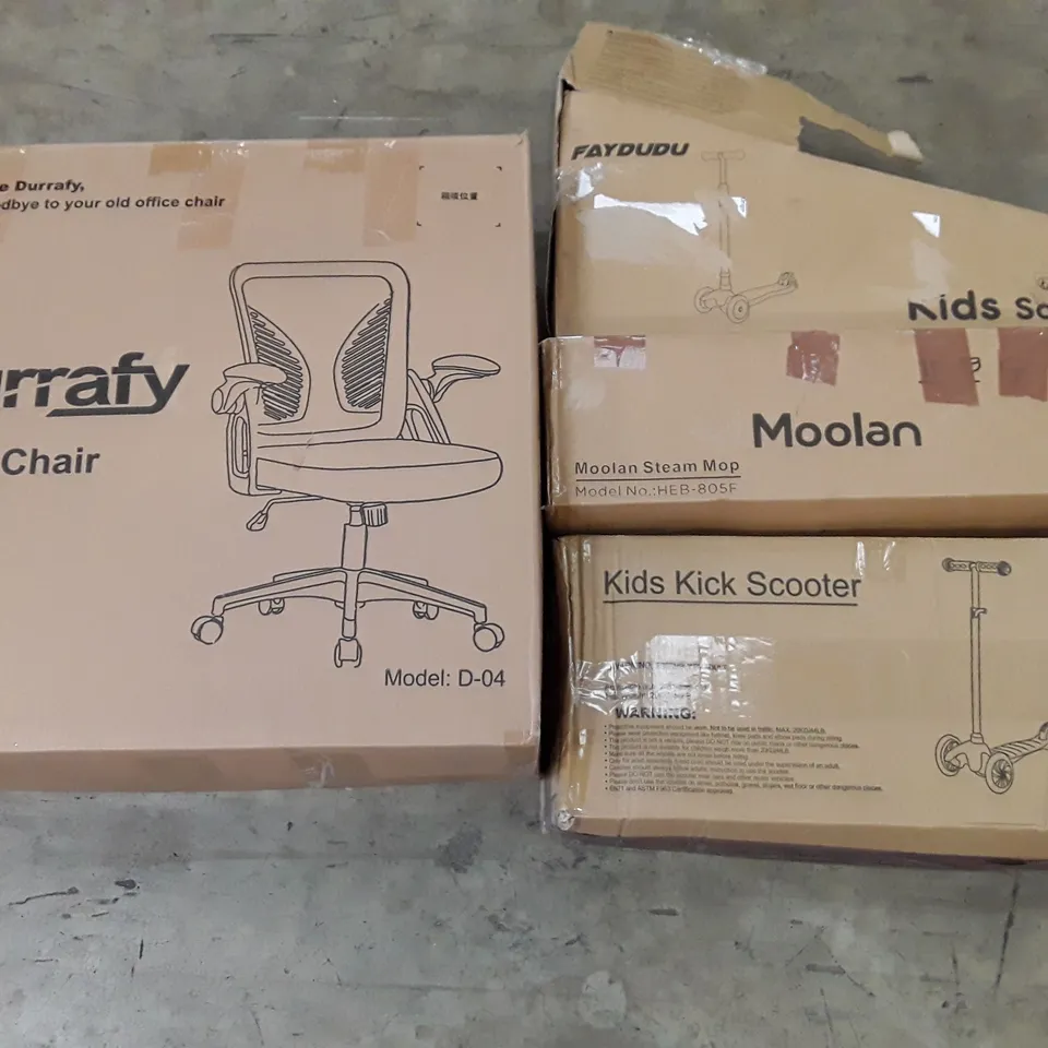 PALLET OF ASSORTED PRODUCTS INCLUDING OFFICE CHAIR, KIDS SCOOTER, MOOLAN STEAM MOP, TOMATO CAGES