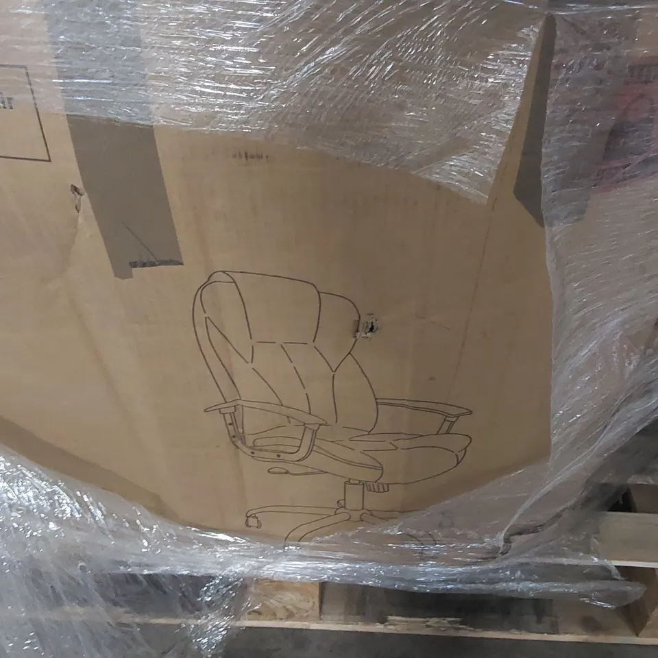 PALLET OF ASSORTED ITEMS INCLUDING: OFFICE CHAIR, PATIO UMBRELLA, CHEST OF DRAWERS ECT