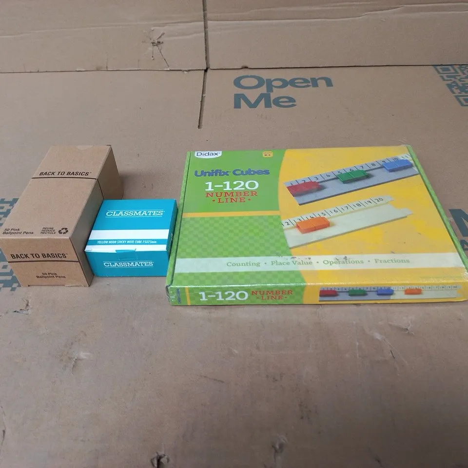 BOX OF APPROXIMATELY 12 ASSORTED ACADEMIC ITEMS TO INCLUDE: BOXED PENS, BOXED STICKY NOTES AND UNIFIX CUBES NUMBER LINE