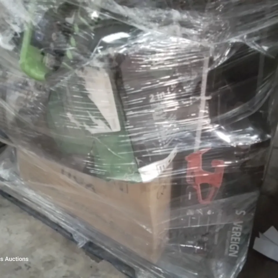 PALLET OF ASSORTED GARDENING TOOLS, INCLUDING, STRIMMERS, CHAIN SAWS, BLOWERS, SCARIFIER/RAKE