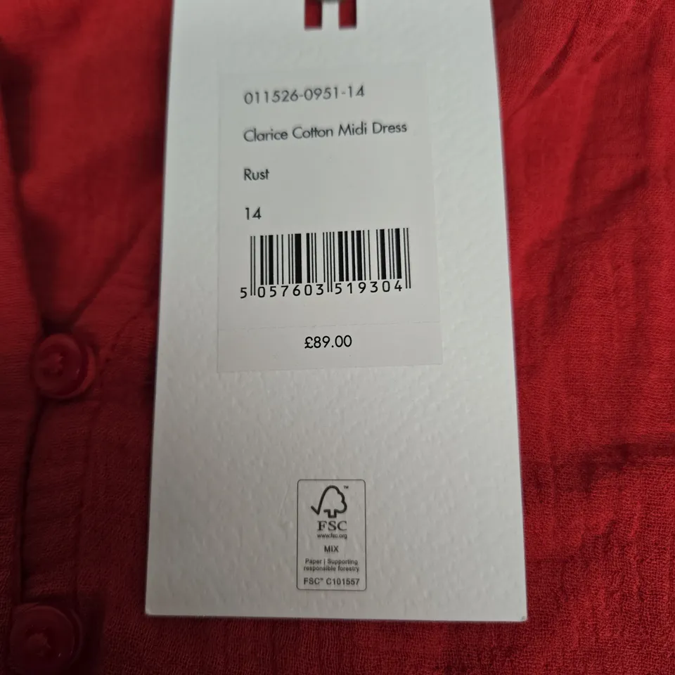 HUSH CALRICE COTTON MIDI DRESS SIZE 14