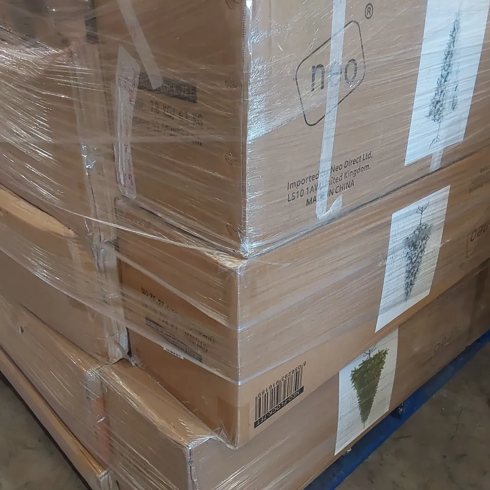 PALLET CONTAINING A LARGE QUANTITY OF ASSORTED NEO PRODUCTS INCLUDING: 4x 7FT ARTIFICIAL CHRISTMAS TREES, TROLLEY, DEHUMIDIFIER, ELECTRIC BLANKET, ELECTRIC CLOTHES AIRER, OFFICE CHAIR ECT