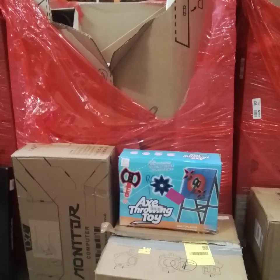 PALLET OF ASSORTED HOUSEHOLD GOODS AND PRODUCTS TO INCLUDE;AUTOMATIC CAT LITTER BOX,GAMING MONITOR,AXE THROWING TOY