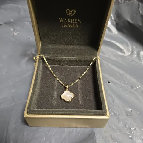 WARREN JAMES GOLD TONE NECKLACE WITH FOUR-LEAF CLOVER MOTHER-OF-PEARL PENDANT – BOXED