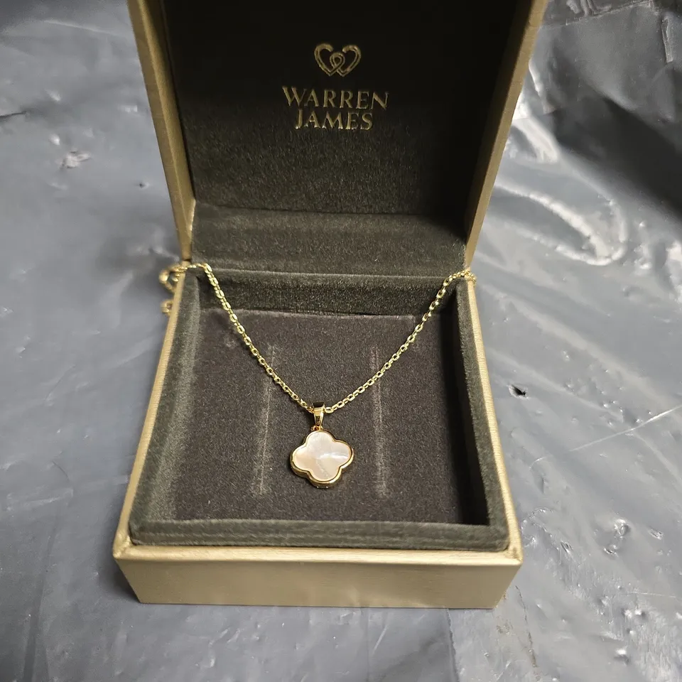 WARREN JAMES GOLD TONE NECKLACE WITH FOUR-LEAF CLOVER MOTHER-OF-PEARL PENDANT – BOXED