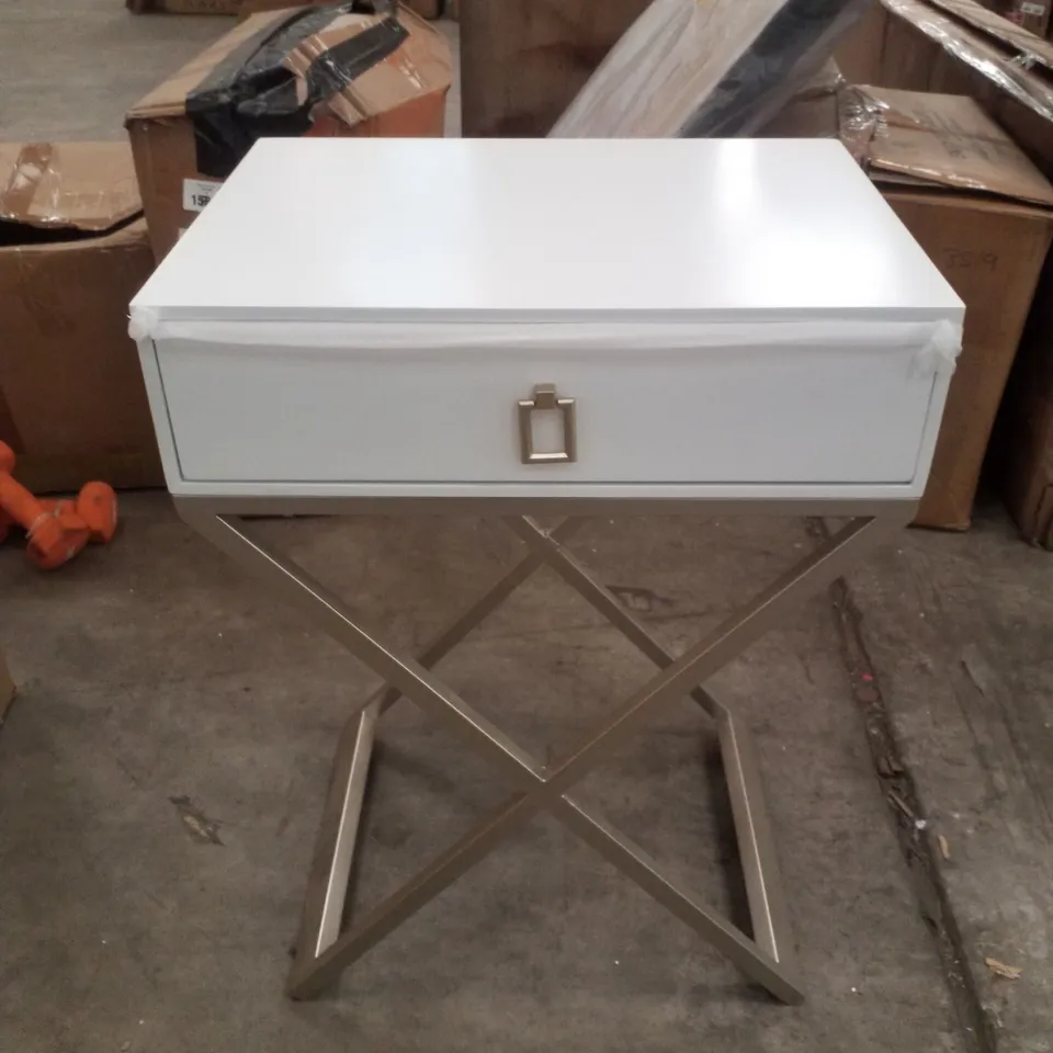 BOXED WHITE BEDSIDE WITH METAL CROSSED LEGS 