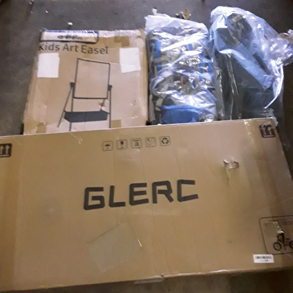PALLET OF ASSORTED PRODUCTS TO INCLUDE; GLERC BIKE - KIDS ART EASEL - LIFE JACKET ECT