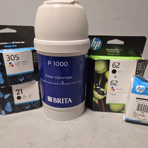 TOTE OF APPROXIMATELY 15 ASSORTED ITEMS TO INCLUDE - HP 305 , BRITA P 1000 FILTER CARTRIDGE , HP 62 2 PACK ETC