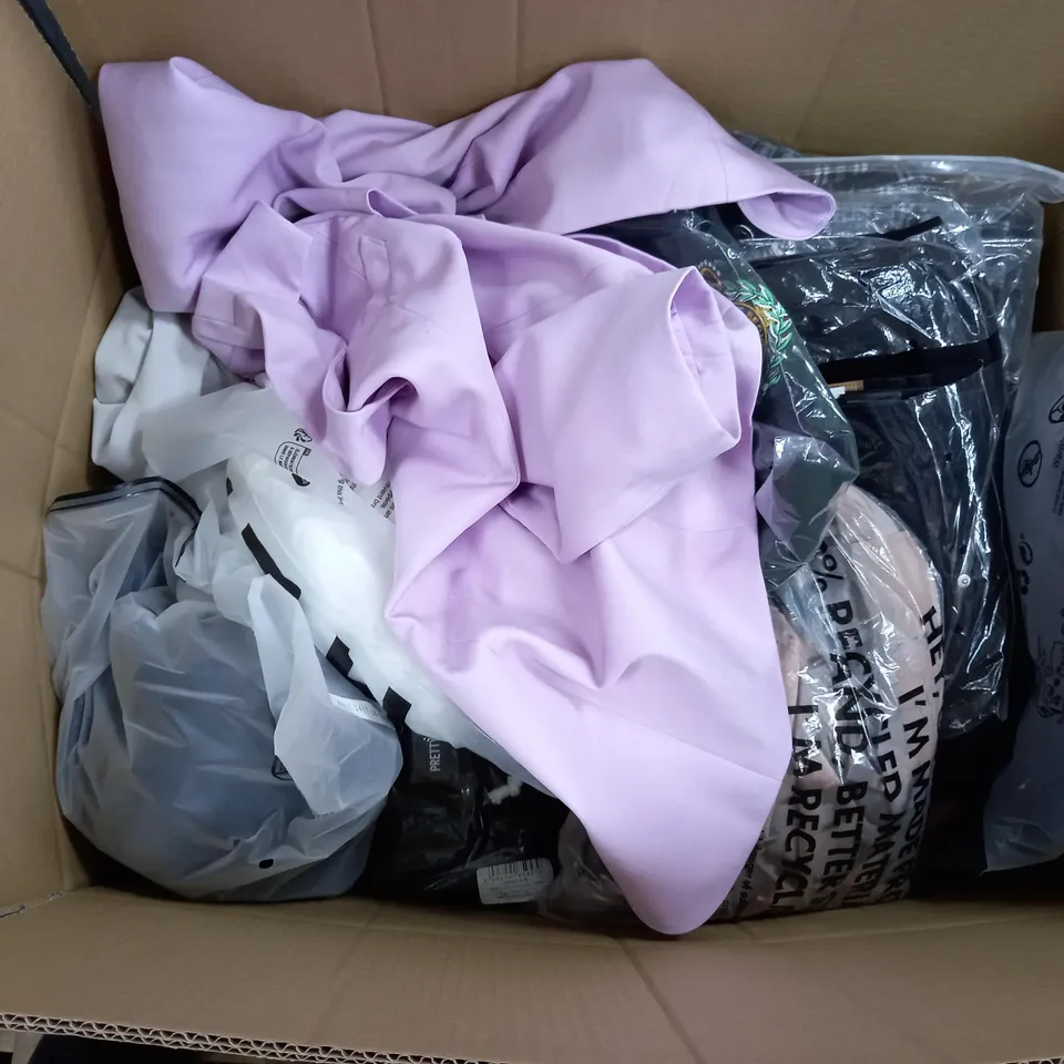 LARGE BOX OF ASSORTED CLOTHING ITEMS IN VARIOUS COLOURS AND SIZES INCLUDING TROUSERS , TOPS AND JUMPERS 