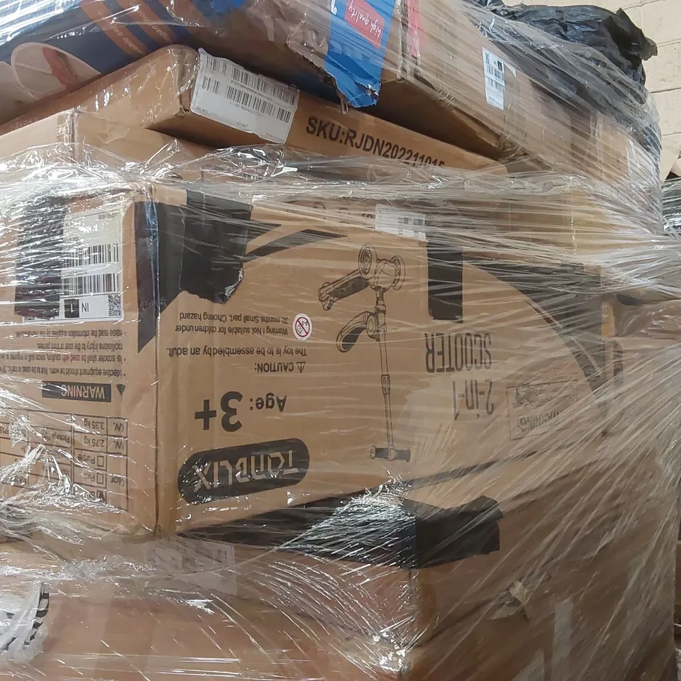 PALLET CONTAINING A LARGE ASSORTMENT OF CONSUMER PRODUCTS INCLUDING: CORDLESS VACUUM CLEANER, KICK SCOOTER, STANDING CLOTHES HANGER ECT