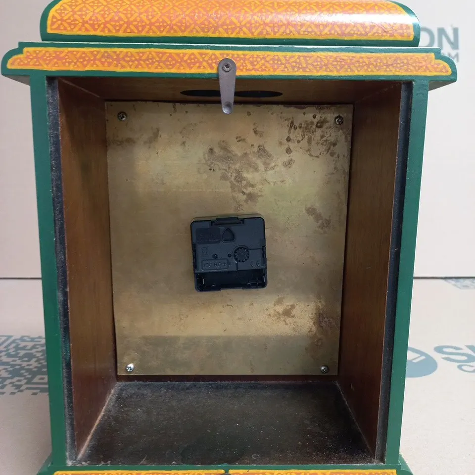 DECORATIVE MANTEL CLOCK – GREEN & ORANGE WITH BRASS DIAL 
