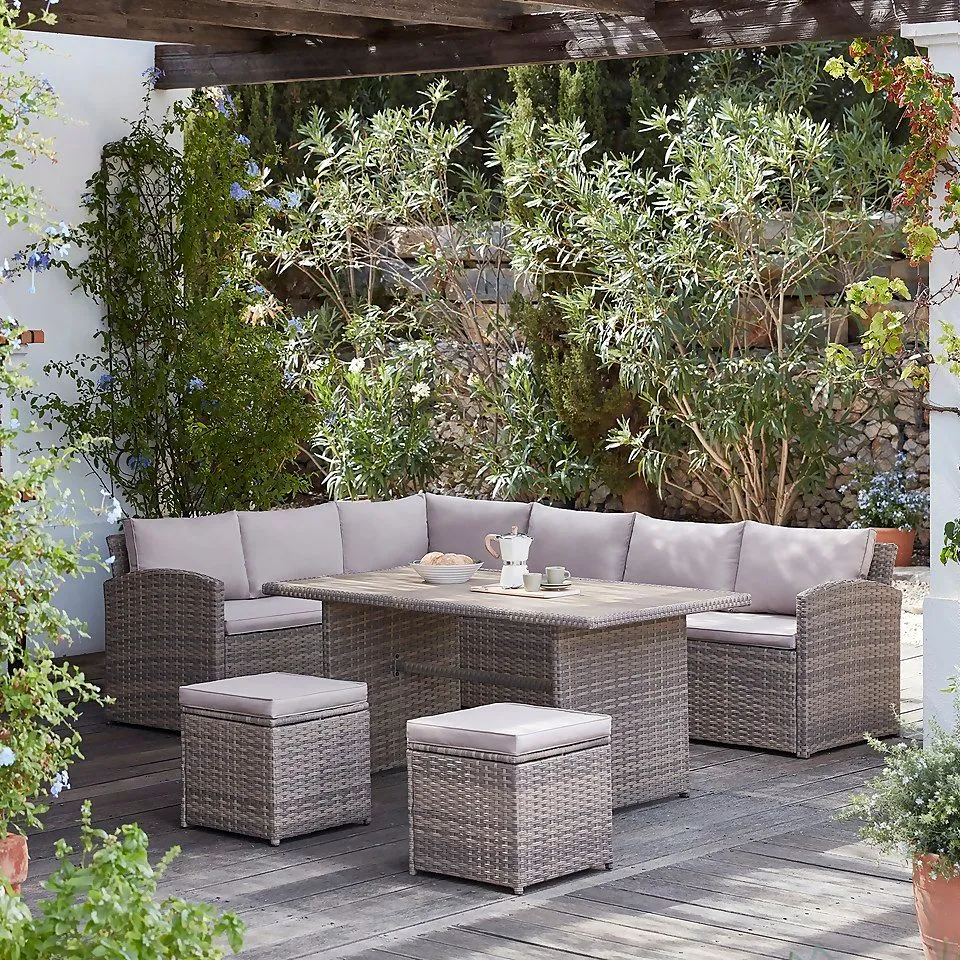 BOXED HOMEBASE MATARA RATTAN EFFECT GARDEN CORNER SOFA DINING SET (1 BOX)