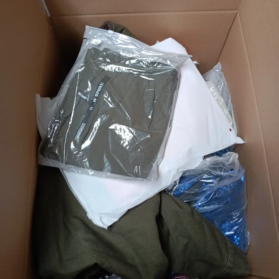 BOX OF APPROXIMATELY 25 ASSORTED CLOTHING ITEMS TO INCLUDE PINK KNITTED JUMPER, JEANS, NEW SPORT GREY TROUSERS ETC