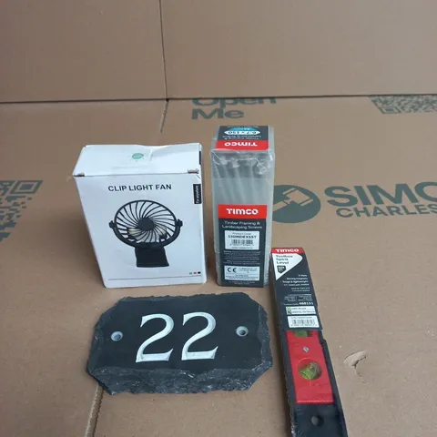 APPROXIMATELY 15 ASSORTED HOUSEHOLD PRODUCTS TO INCLUDE CLIP LIGHT FAN, NUMBER 22 SLATE DOOR PLAQUE AND TIMCO TIMBER FRAMING AND LANDSCAPING SCREWS