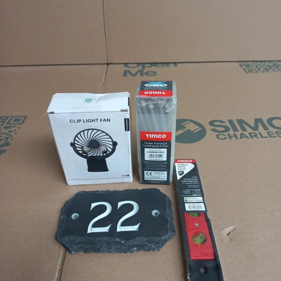 APPROXIMATELY 15 ASSORTED HOUSEHOLD PRODUCTS TO INCLUDE CLIP LIGHT FAN, NUMBER 22 SLATE DOOR PLAQUE AND TIMCO TIMBER FRAMING AND LANDSCAPING SCREWS